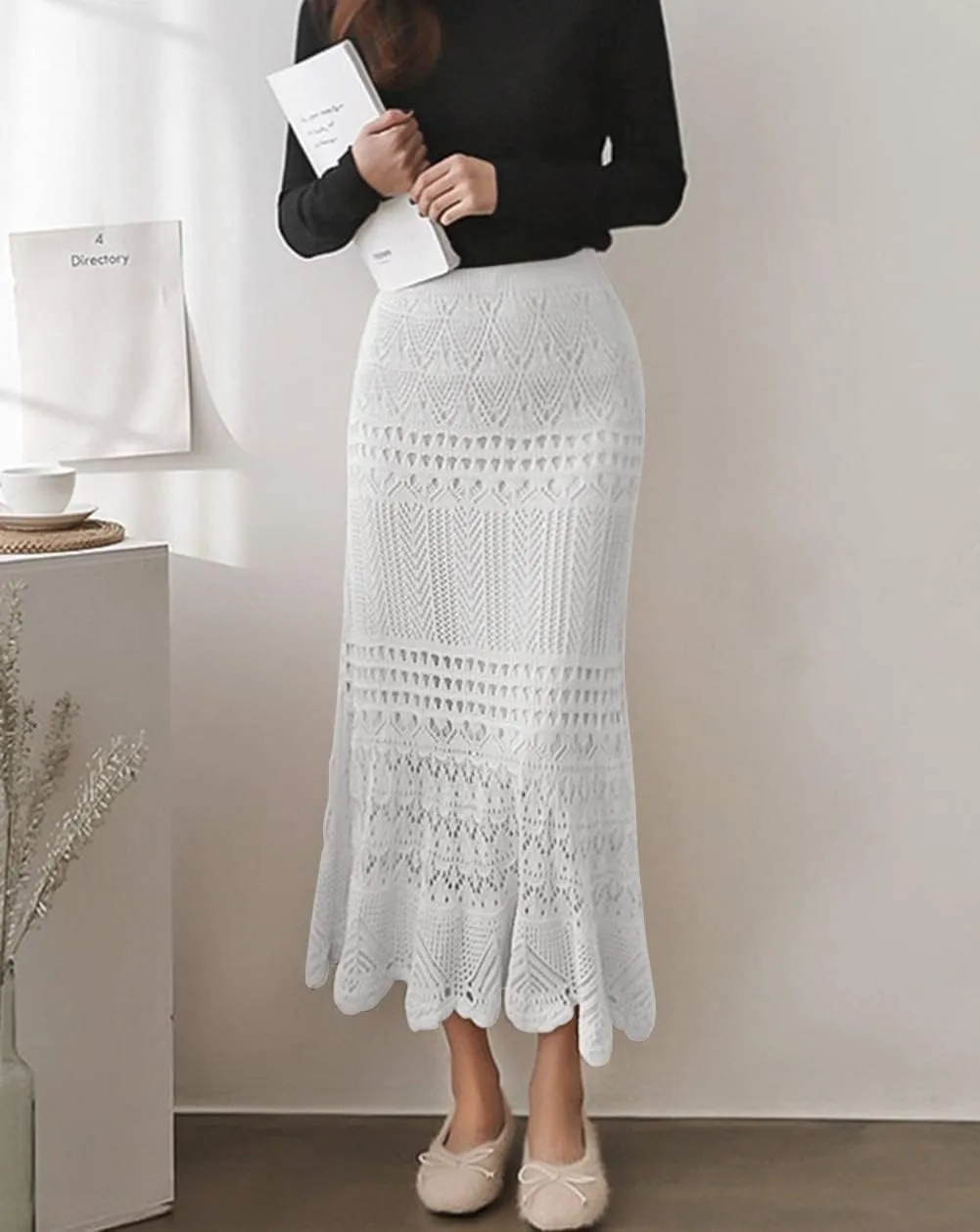 Women's Crochet Knitted Stretchy High Waist Hollow Out Lined Lace Maxi Skirt