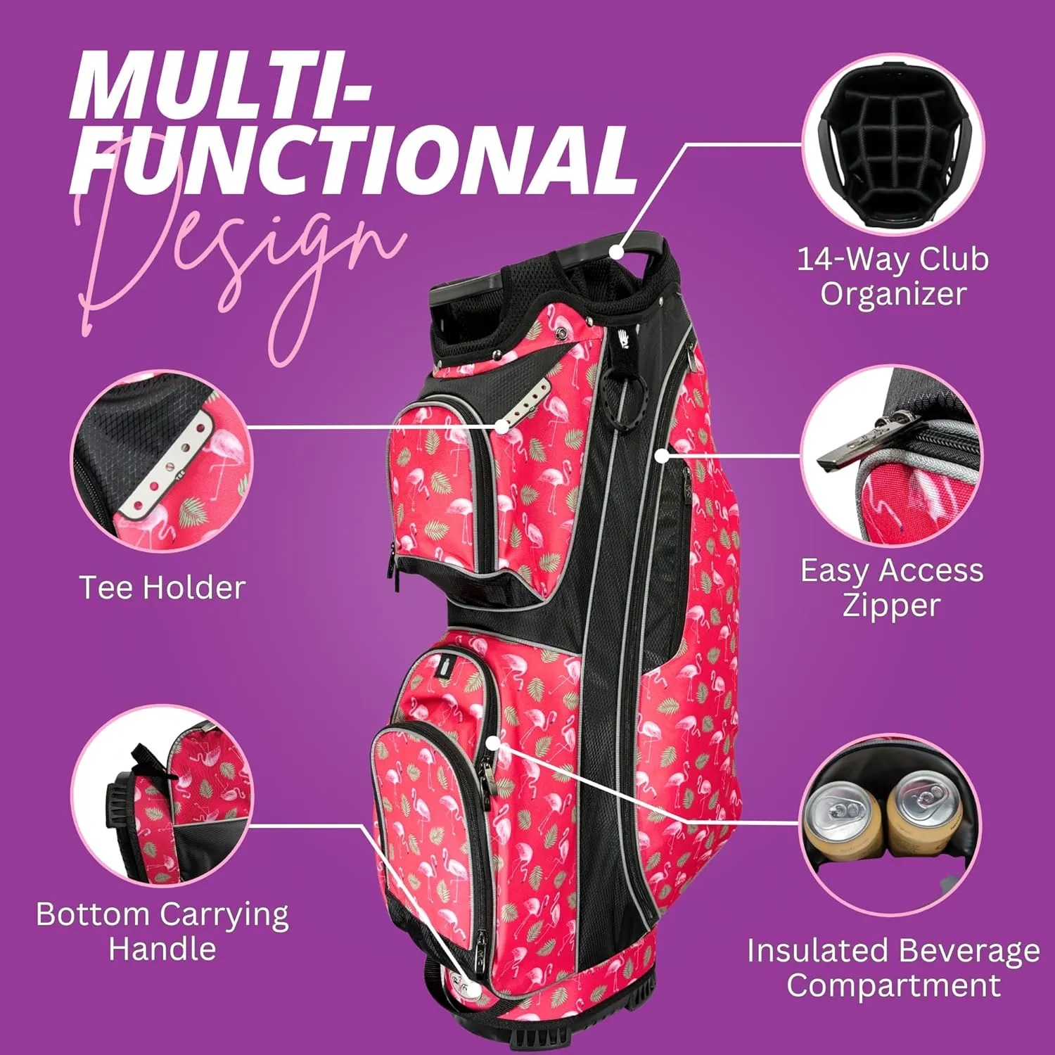 Women’s Golf Cart Bag – Taboo Fashions Resort Collection Lightweight 14-Way Ladies Bag with Cooler, Rain Hood, 7 Zippered Pockets, Tee Holder & More
