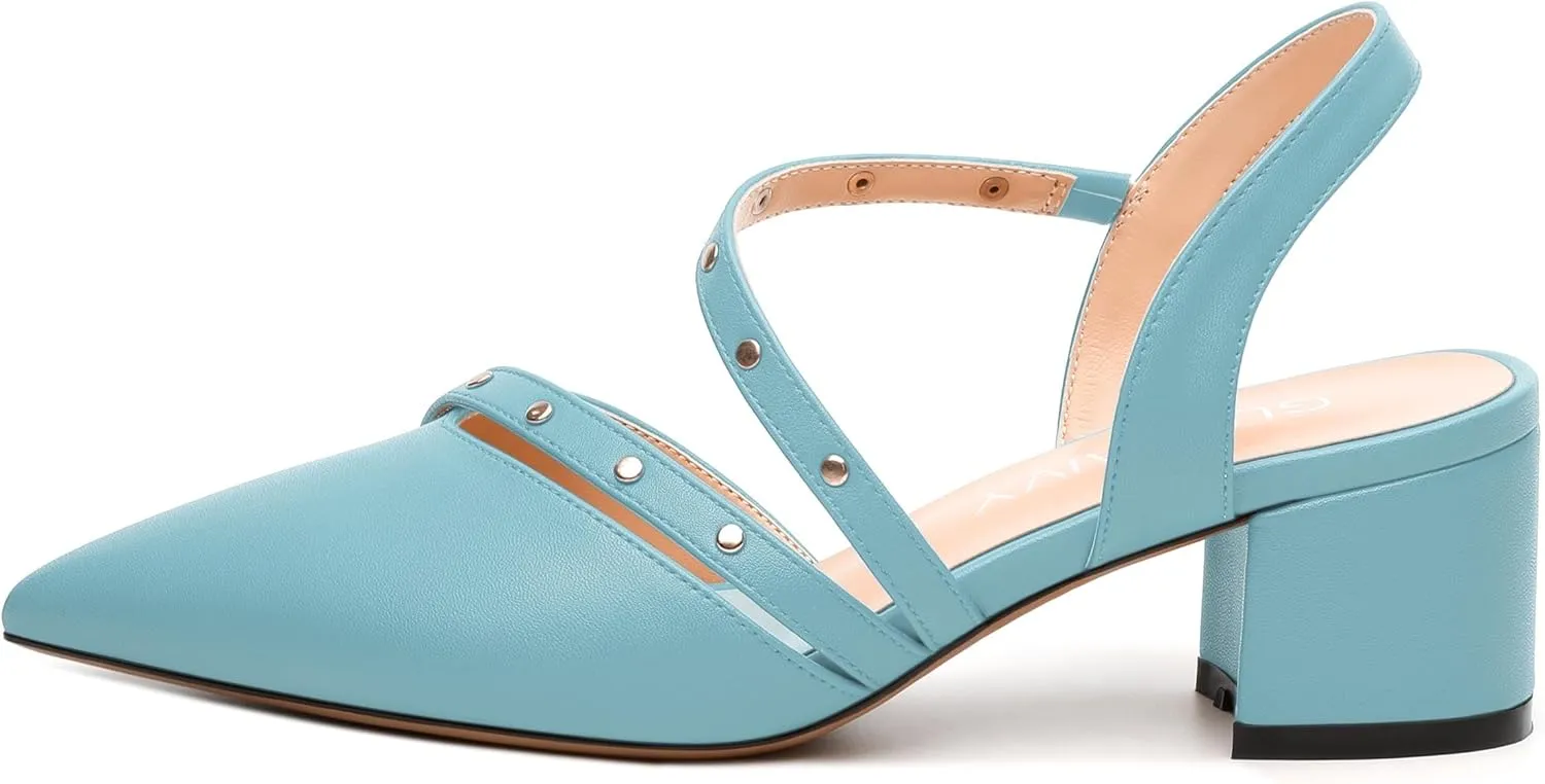 Women's Low Block Heel Pumps - Pointed Toe Slingback Slip-On, Solid Color Dress Shoes for Weddings, Parties & Everyday Wear