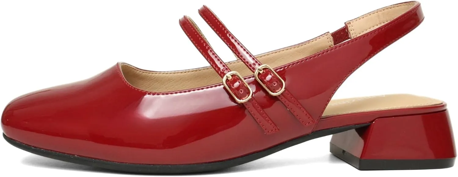 Women's Mary Jane Shoes Low Chunky Heel Patent Leather Double Strap Slingback Pumps Closed Square Toe for Party Wedding Dress