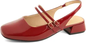 Women's Mary Jane Shoes Low Chunky Heel Patent Leather Double Strap Slingback Pumps Closed Square Toe for Party Wedding Dress