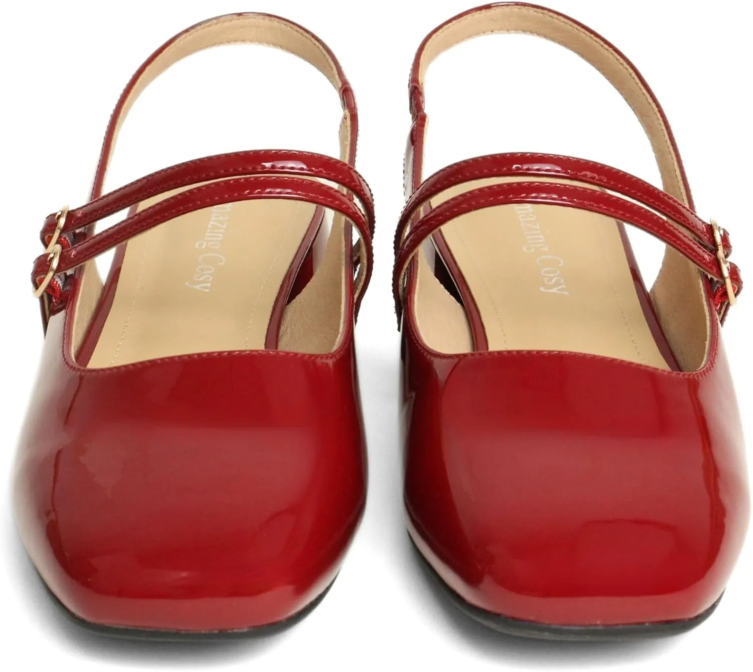 Women's Mary Jane Shoes Low Chunky Heel Patent Leather Double Strap Slingback Pumps Closed Square Toe for Party Wedding Dress
