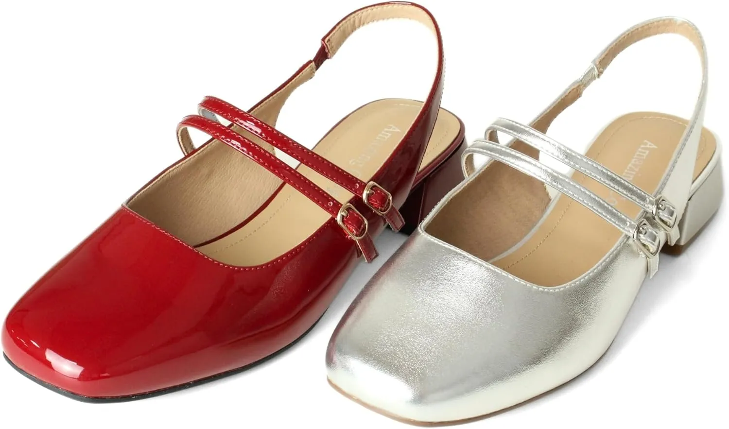 Women's Mary Jane Shoes Low Chunky Heel Patent Leather Double Strap Slingback Pumps Closed Square Toe for Party Wedding Dress