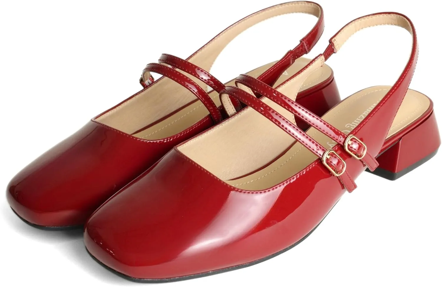 Women's Mary Jane Shoes Low Chunky Heel Patent Leather Double Strap Slingback Pumps Closed Square Toe for Party Wedding Dress