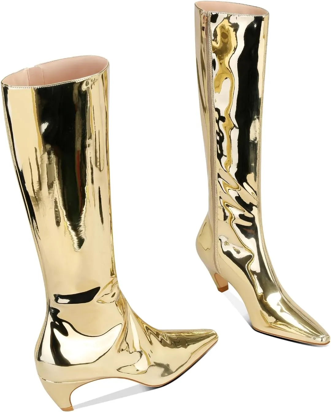 Women's Metallic Knee High Boots Pointed Toe Kitten Heel Booties Low Heel Go-go Party Dress Club Booties