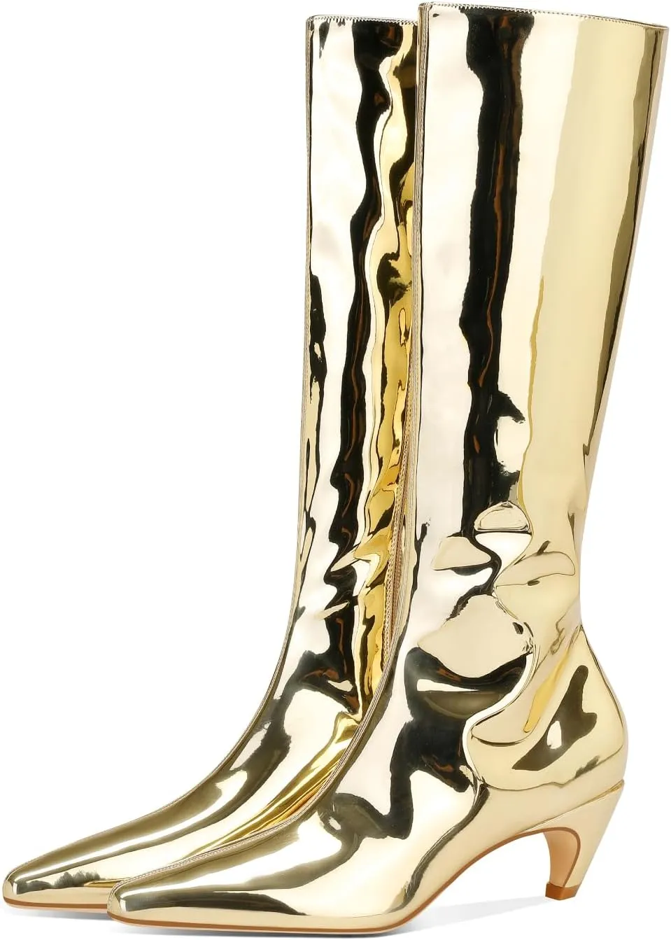 Women's Metallic Knee High Boots Pointed Toe Kitten Heel Booties Low Heel Go-go Party Dress Club Booties