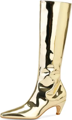 Women's Metallic Knee High Boots Pointed Toe Kitten Heel Booties Low Heel Go-go Party Dress Club Booties