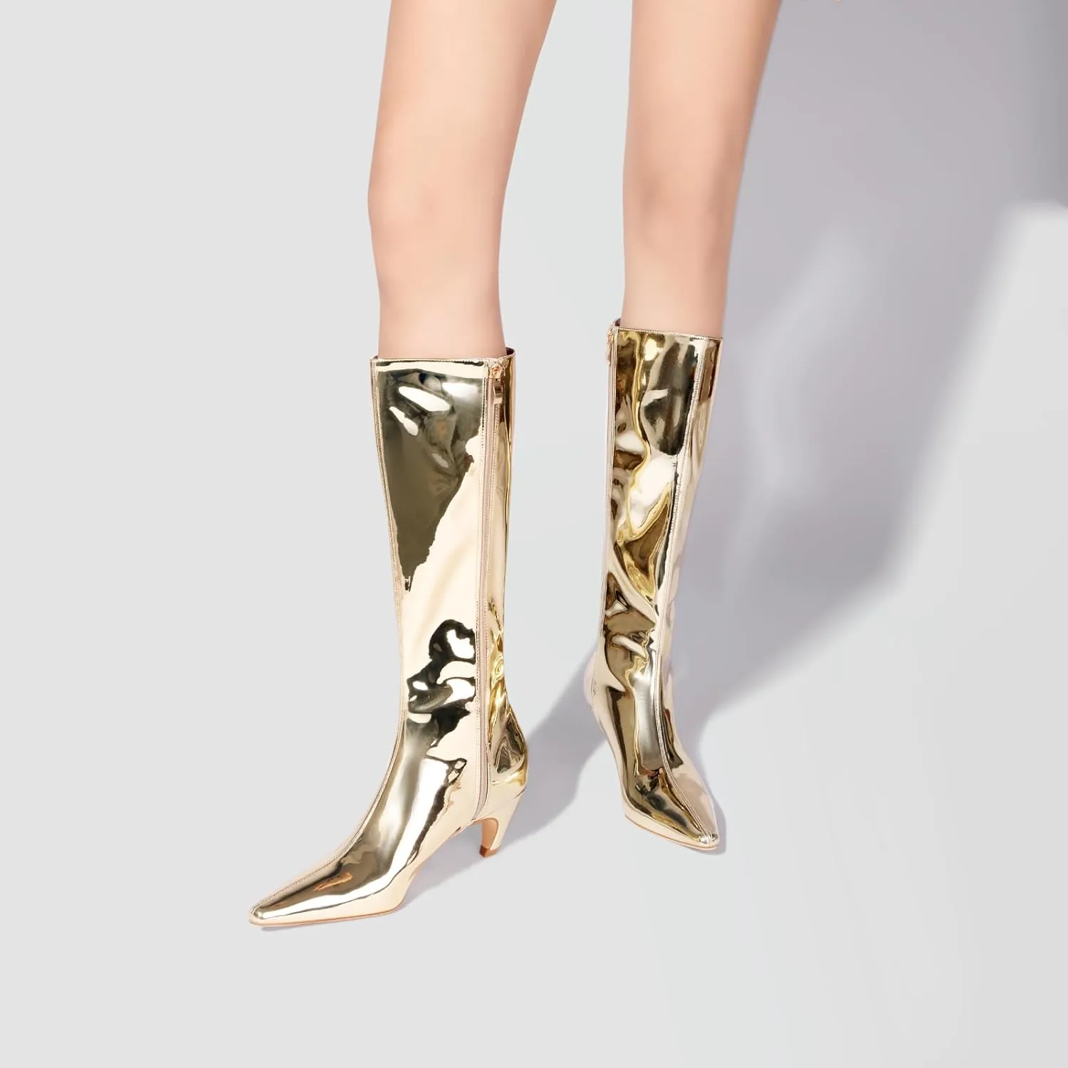 Women's Metallic Knee High Boots Pointed Toe Kitten Heel Booties Low Heel Go-go Party Dress Club Booties