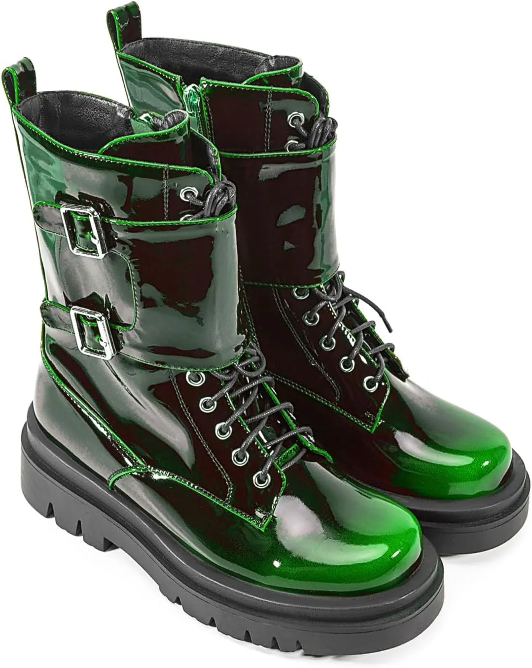 Women's Metallic Mid Calf Boots Platform Chunky Heel Silver Combat Boots Lace up Metal Buckle Zipper