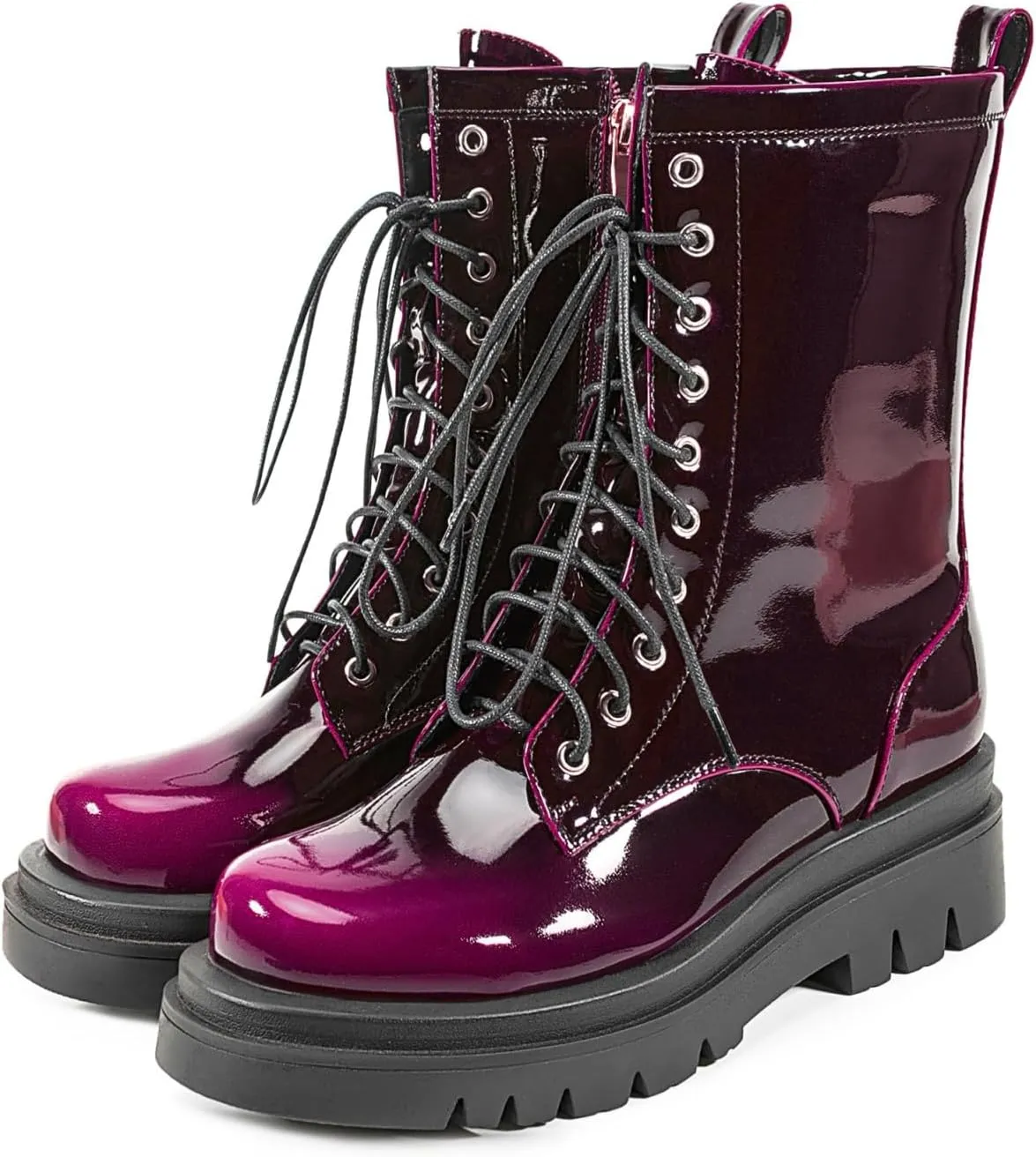 Women's Metallic Mid Calf Boots Platform Chunky Heel Silver Combat Boots Lace up Metal Buckle Zipper