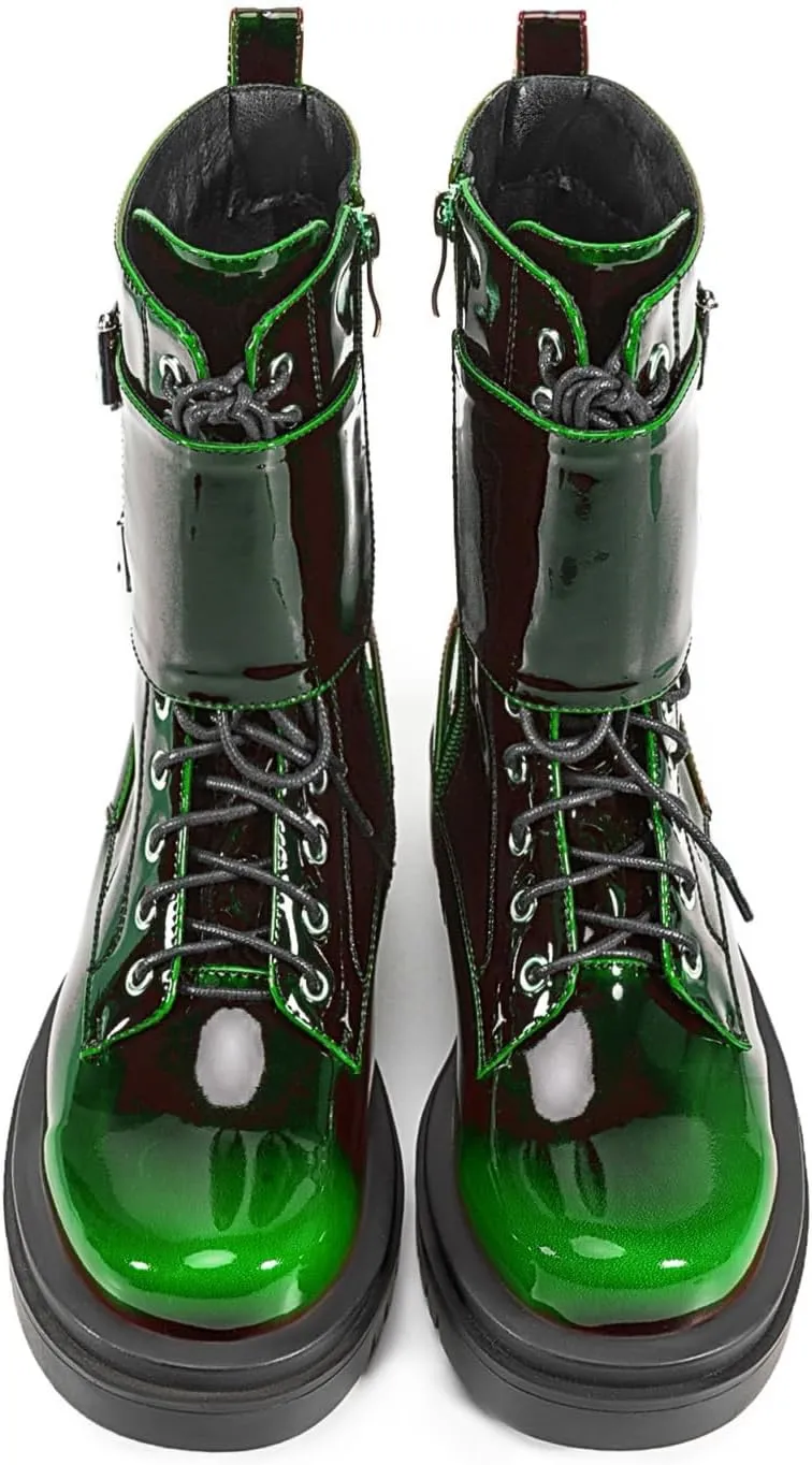 Women's Metallic Mid Calf Boots Platform Chunky Heel Silver Combat Boots Lace up Metal Buckle Zipper