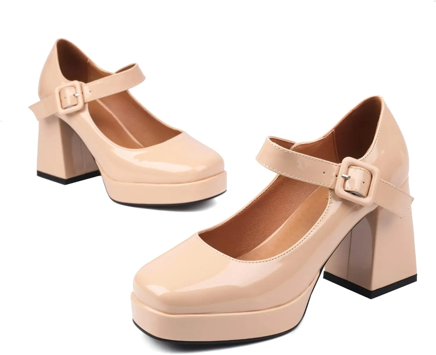 Women's Platform Chunky Heels Square Toe Block Heel Mary Janes Pumps Shoes
