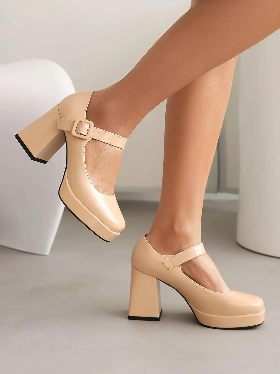 Women's Platform Chunky Heels Square Toe Block Heel Mary Janes Pumps Shoes