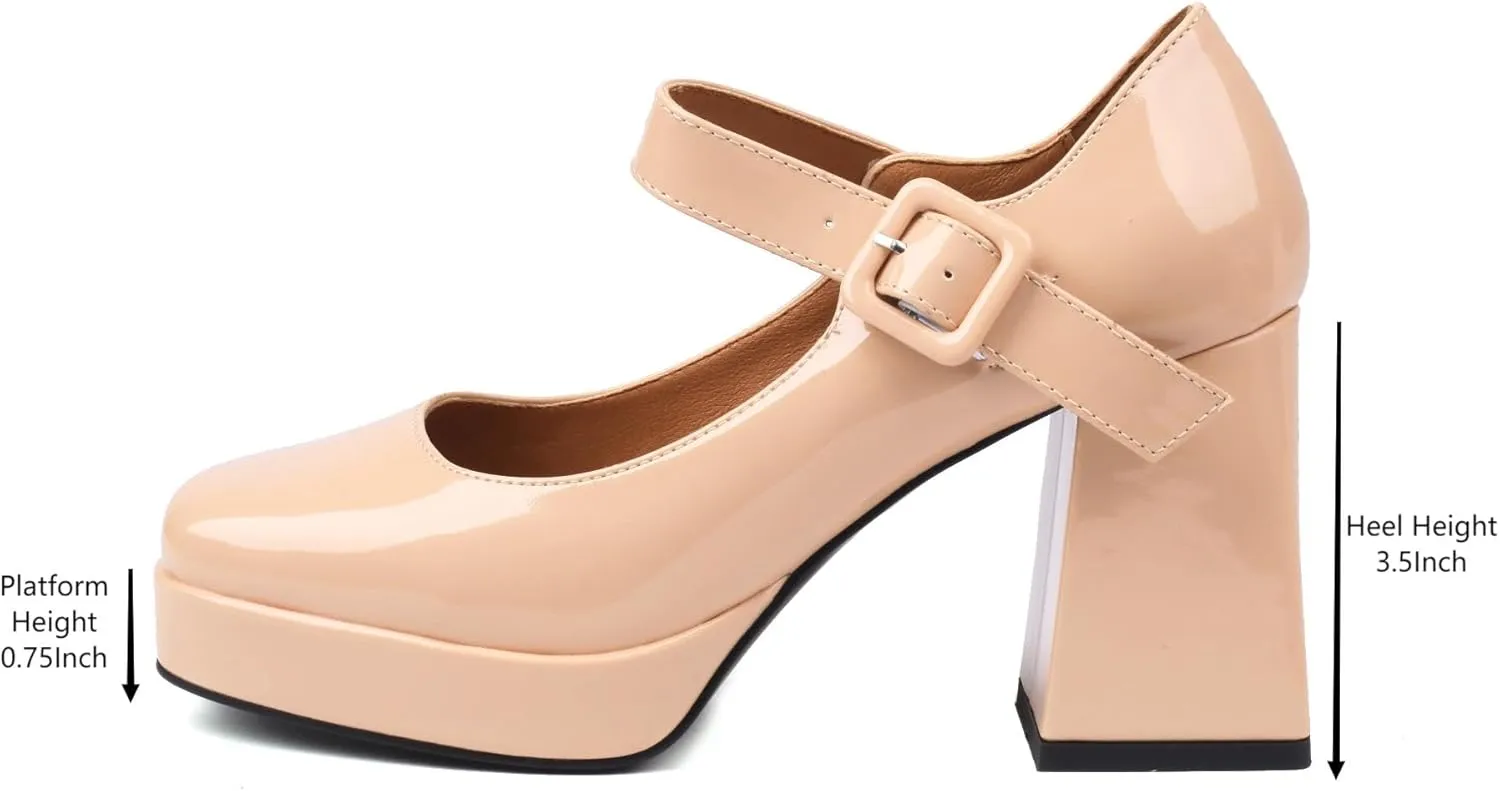 Women's Platform Chunky Heels Square Toe Block Heel Mary Janes Pumps Shoes