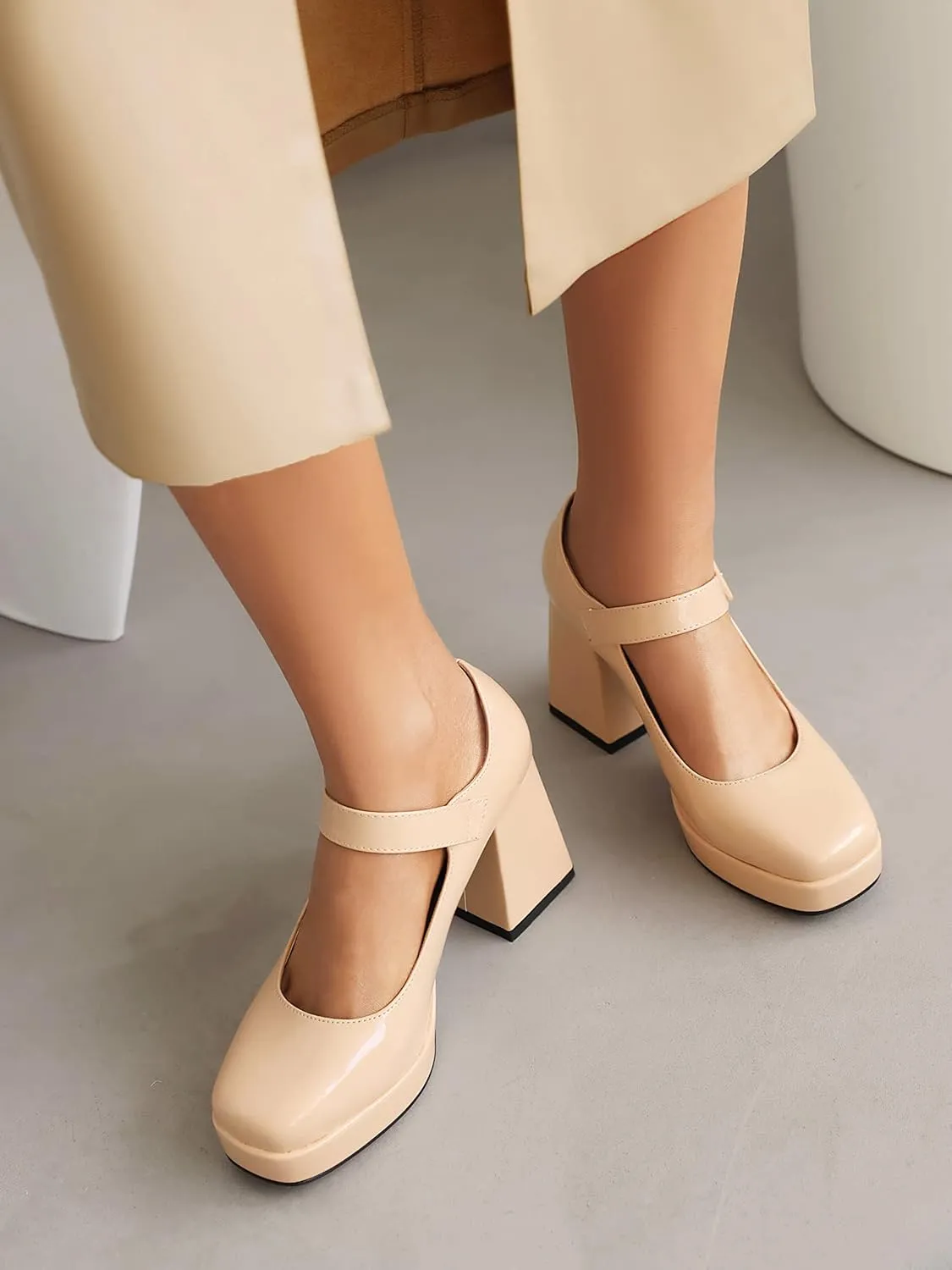 Women's Platform Chunky Heels Square Toe Block Heel Mary Janes Pumps Shoes