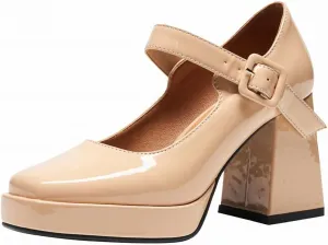 Women's Platform Chunky Heels Square Toe Block Heel Mary Janes Pumps Shoes
