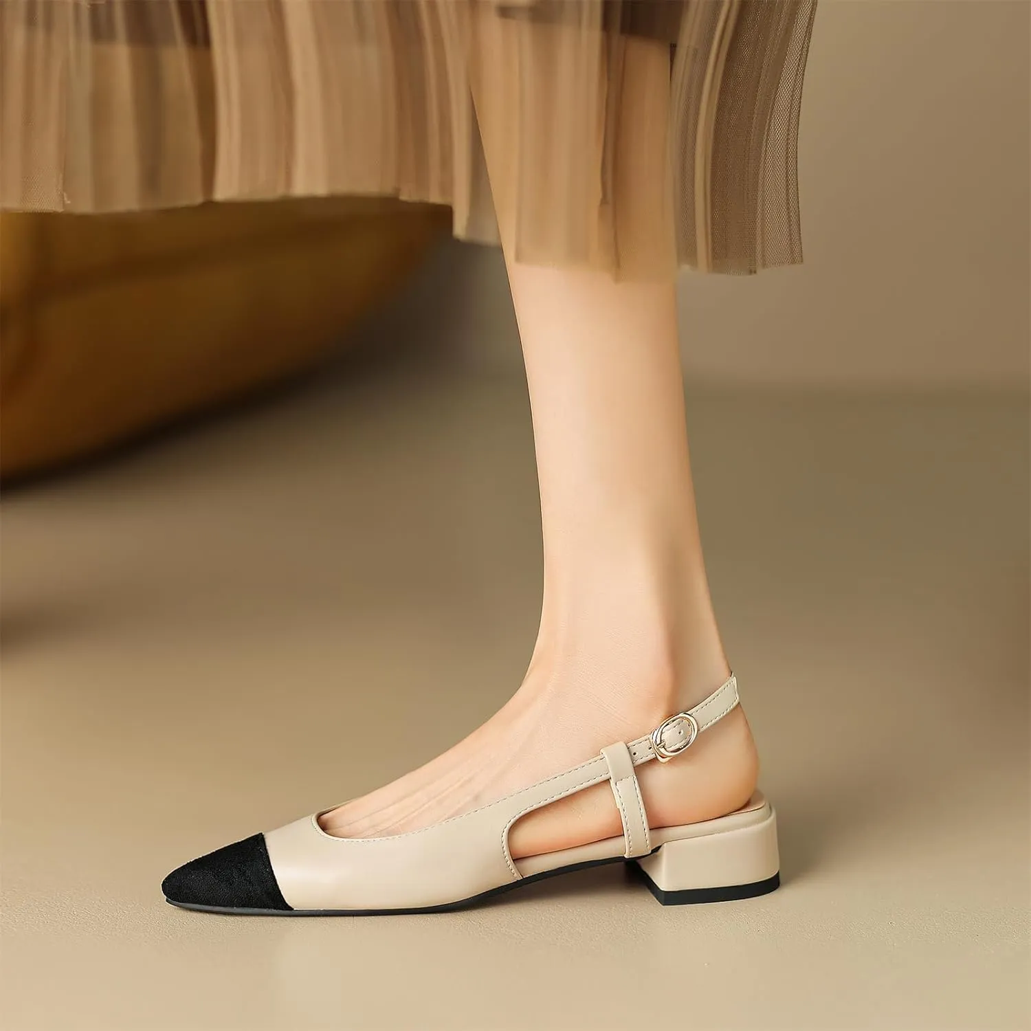 Women's Retro Cap Pointed Closed Toe Pump Slip-On Slingback Two Toned Chunky Low Block Heel Buckle Classic Work Office Church Casual Comfort Dress Shoes Business Party Shopping Dating Sandals