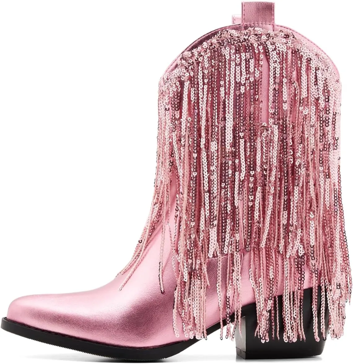 Women’s Rhinestone Cowboy Boots Side Zipper Slip-on Style Chunky Heel Pointed Toe Glittering Cowgirl Boots