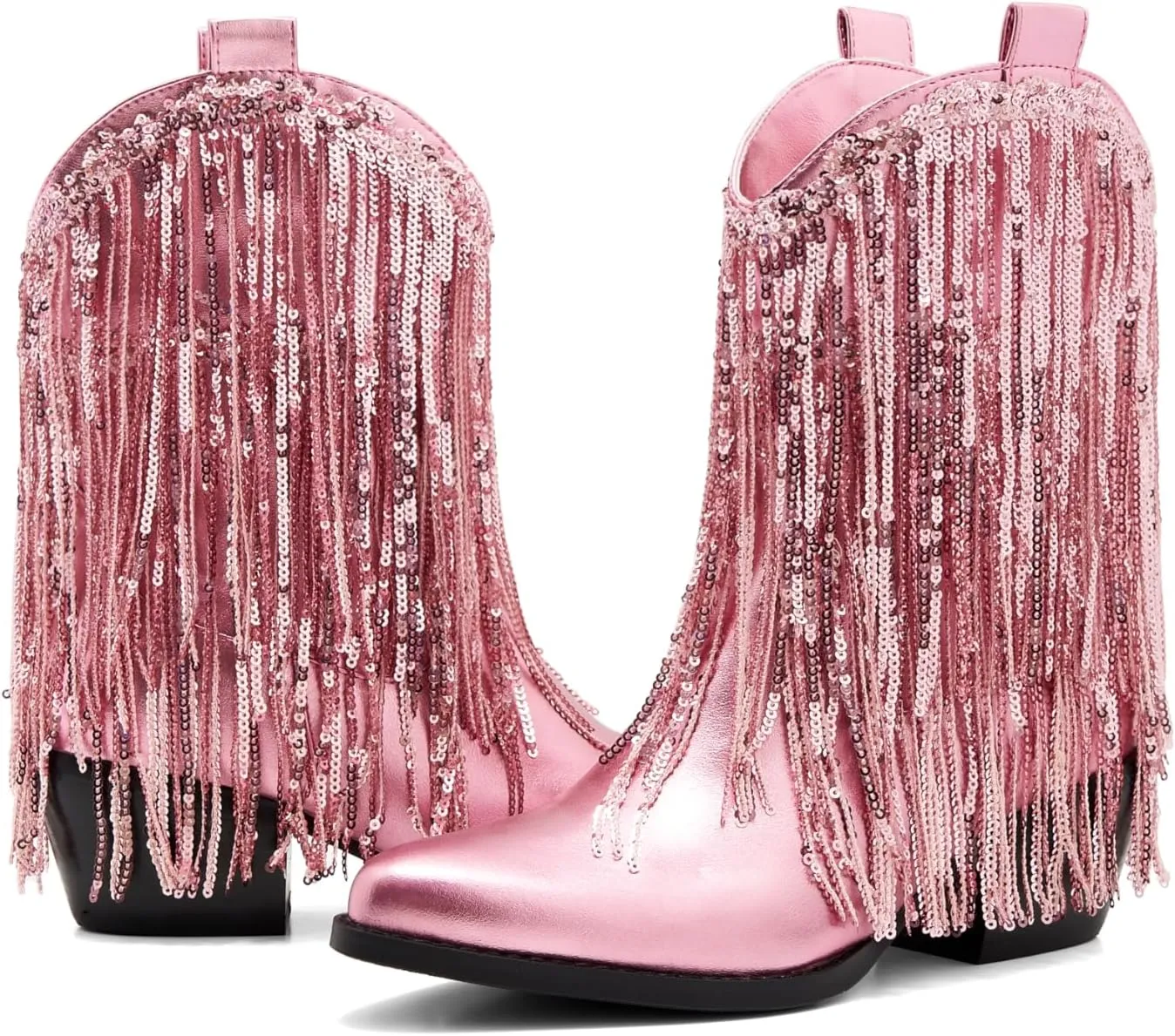 Women’s Rhinestone Cowboy Boots Side Zipper Slip-on Style Chunky Heel Pointed Toe Glittering Cowgirl Boots