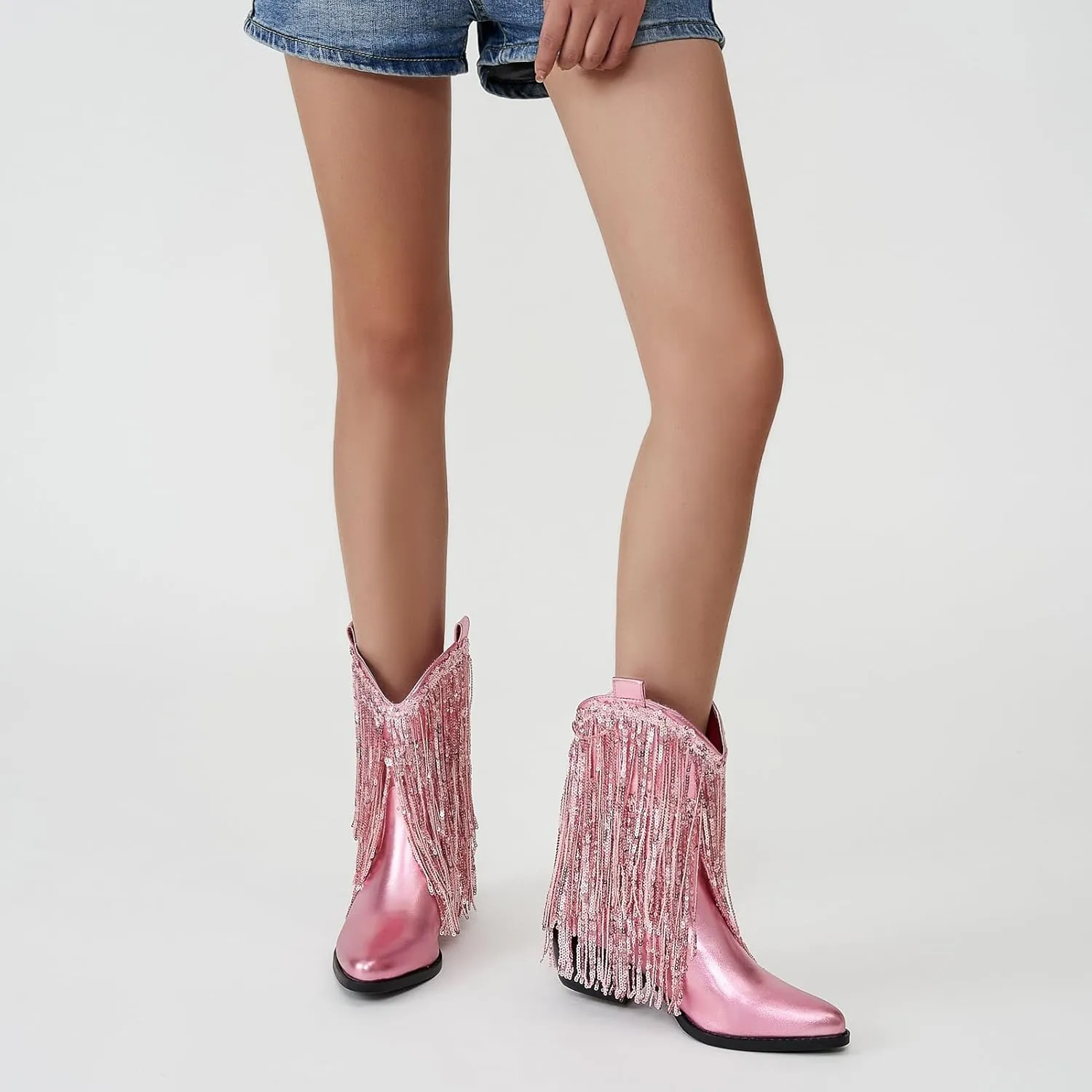 Women’s Rhinestone Cowboy Boots Side Zipper Slip-on Style Chunky Heel Pointed Toe Glittering Cowgirl Boots