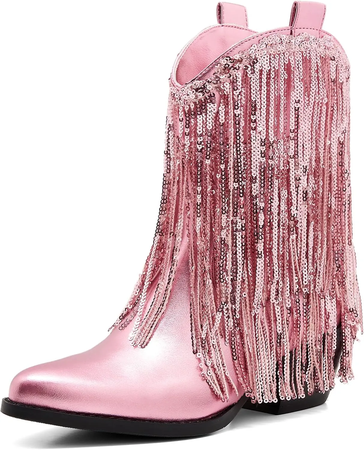Women’s Rhinestone Cowboy Boots Side Zipper Slip-on Style Chunky Heel Pointed Toe Glittering Cowgirl Boots