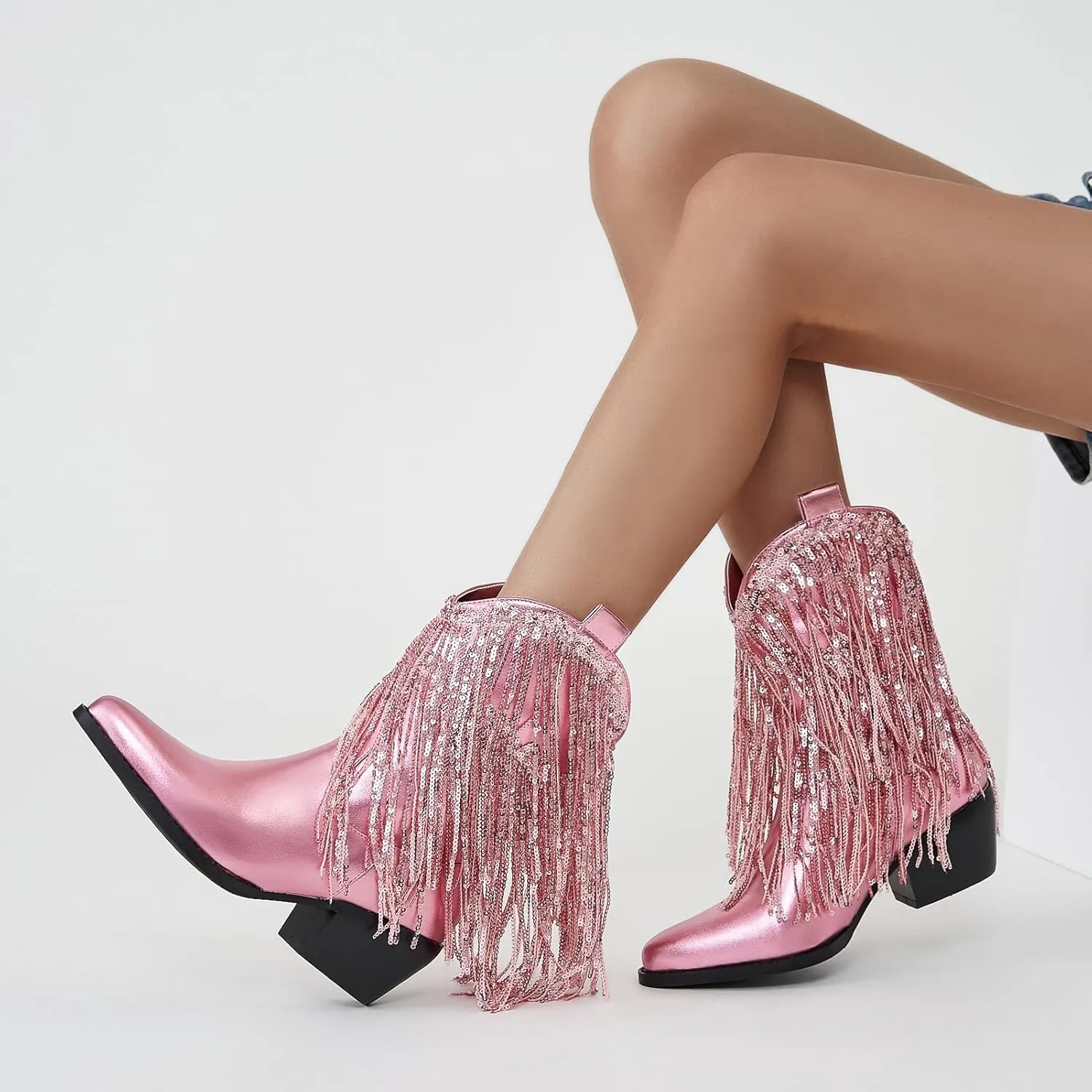 Women’s Rhinestone Cowboy Boots Side Zipper Slip-on Style Chunky Heel Pointed Toe Glittering Cowgirl Boots