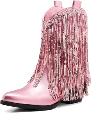 Women’s Rhinestone Cowboy Boots Side Zipper Slip-on Style Chunky Heel Pointed Toe Glittering Cowgirl Boots