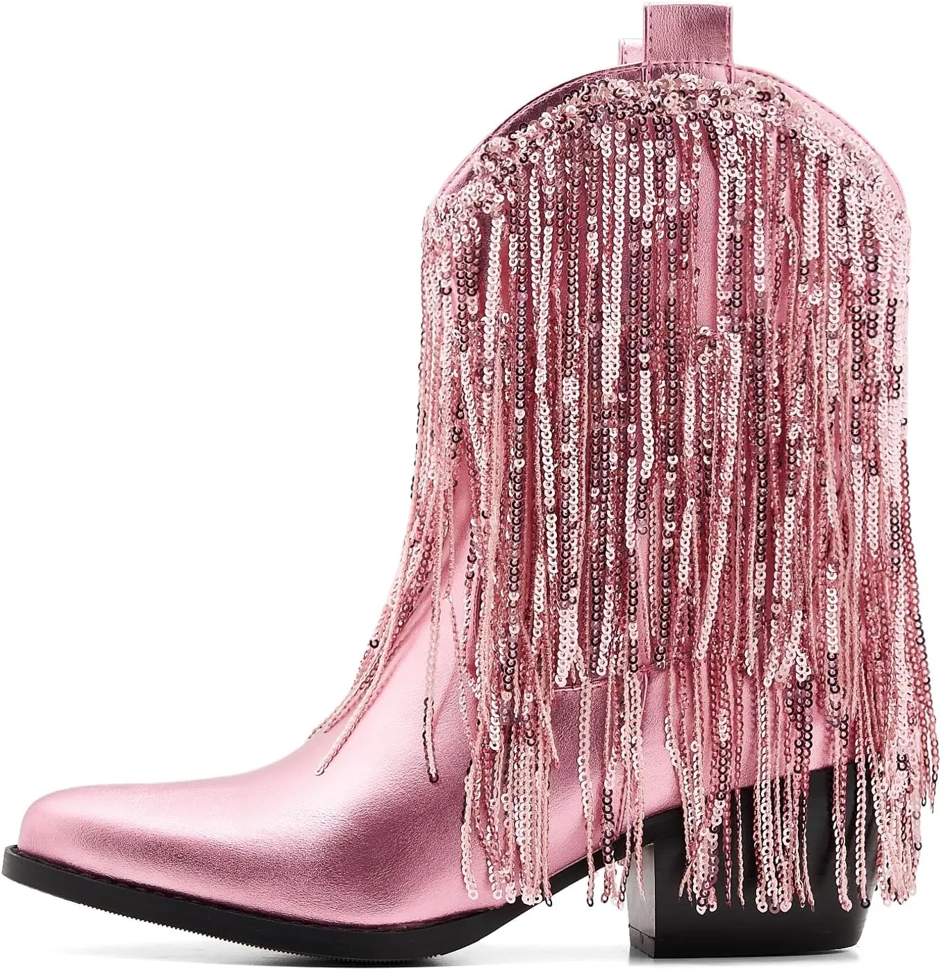 Women’s Rhinestone Cowboy Boots Side Zipper Slip-on Style Chunky Heel Pointed Toe Glittering Cowgirl Boots