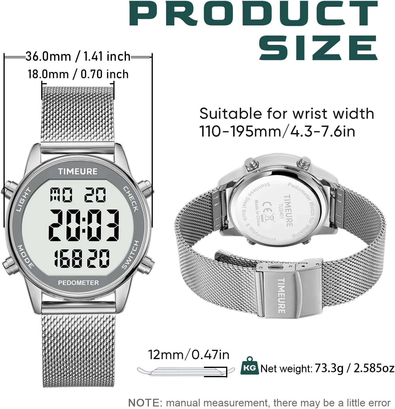 Women's Step Counter Pedometer Watch with Stainless Steel Bracelet, Stylish Design, No App, No Charging Needed for Step, Calorie, Distance, Alarm, Countdown Timer，TU-2401
