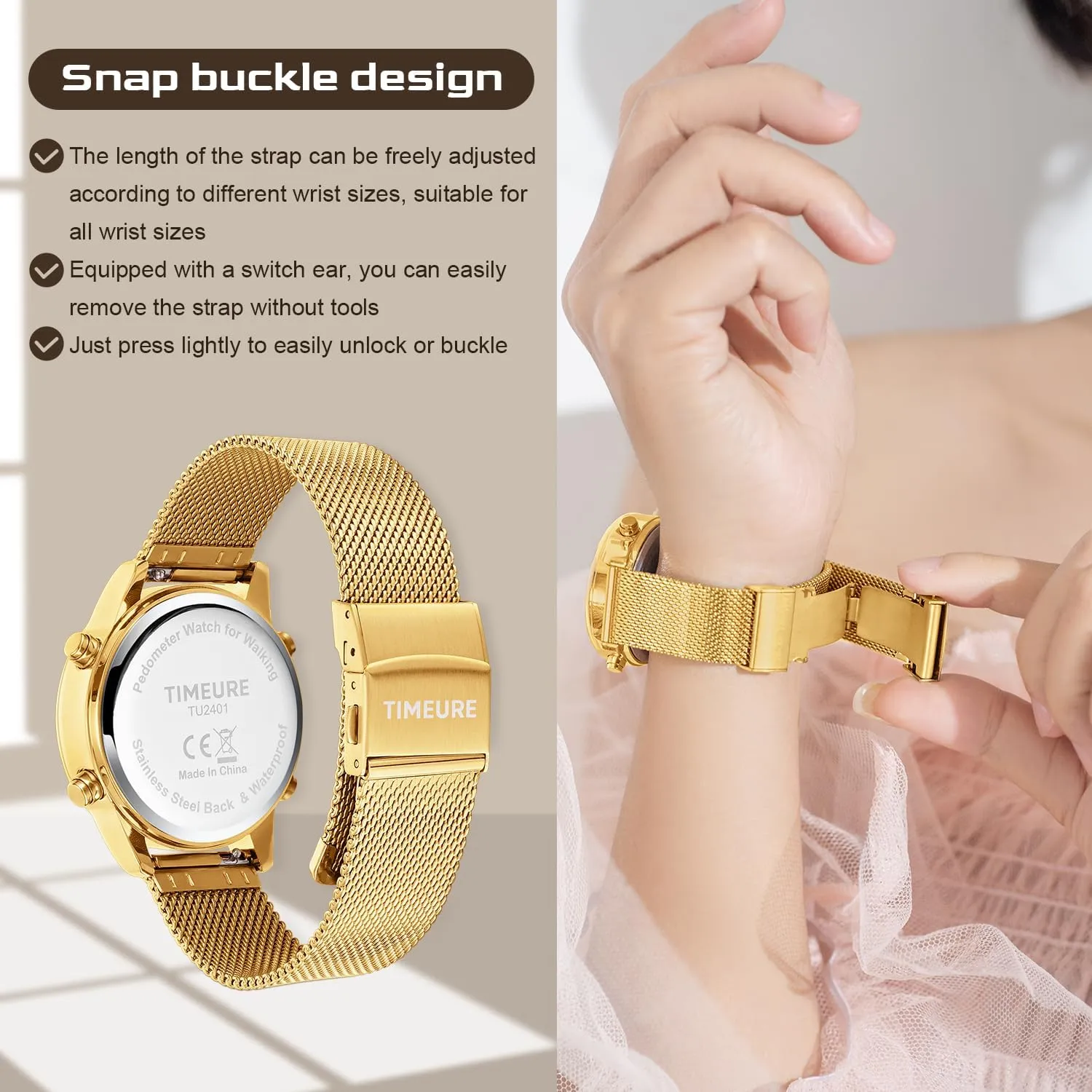 Women's Step Counter Pedometer Watch with Stainless Steel Bracelet, Stylish Design, No App, No Charging Needed for Step, Calorie, Distance, Alarm, Countdown Timer，TU-2401