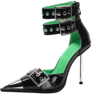 Women's Stiletto High Heels Pointy Toe Metal Ankle Straps Buckled Punk Patent Leather Stilettos Party Dress Shoes (Black,7)