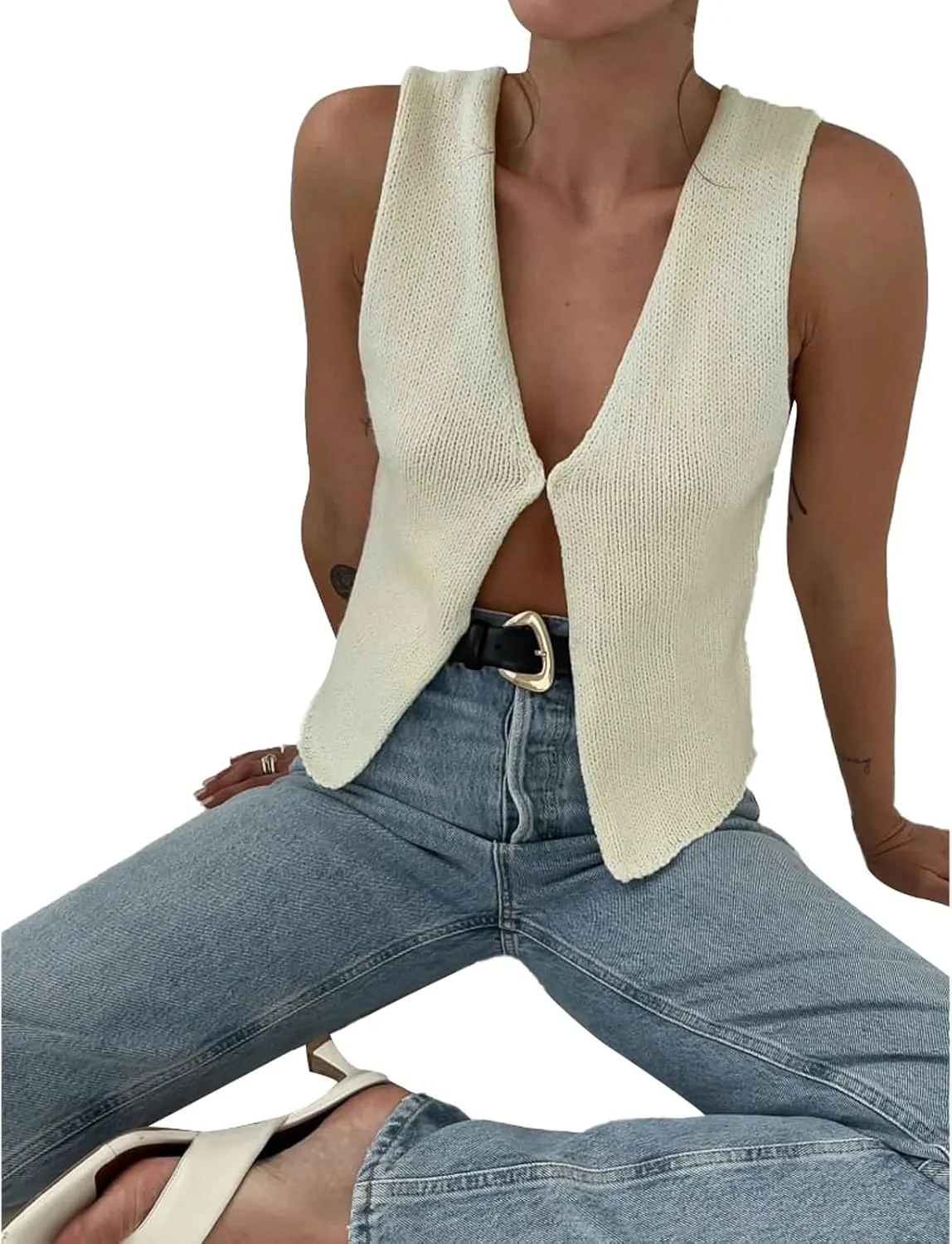 Womens Vintage Knittd Tank Y2k Vest Crop Top Sleeveless V-Neck Open Front Button Crochet Knit Vests Versatile Tops