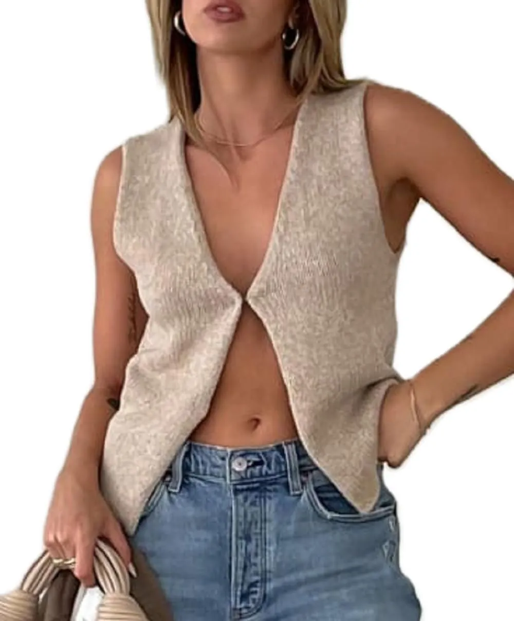Womens Vintage Knittd Tank Y2k Vest Crop Top Sleeveless V-Neck Open Front Button Crochet Knit Vests Versatile Tops