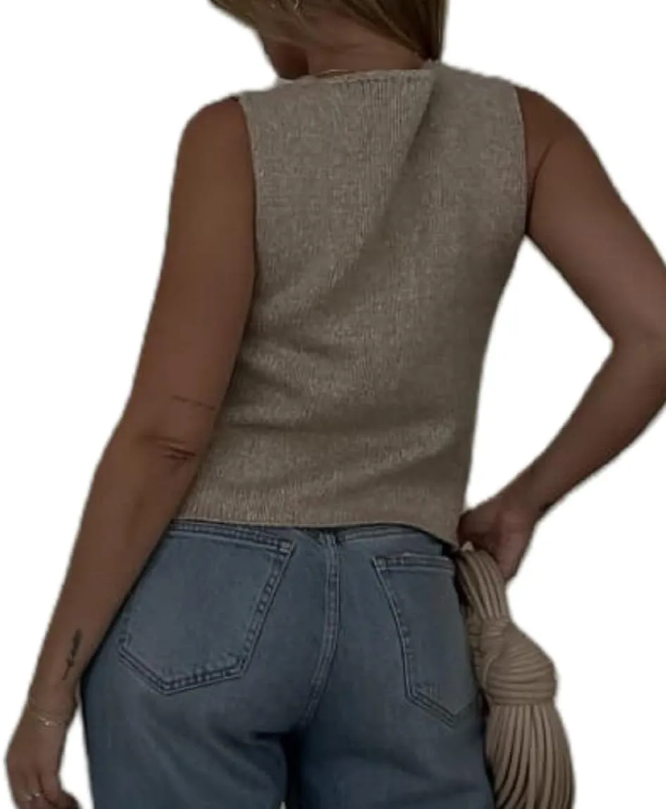 Womens Vintage Knittd Tank Y2k Vest Crop Top Sleeveless V-Neck Open Front Button Crochet Knit Vests Versatile Tops