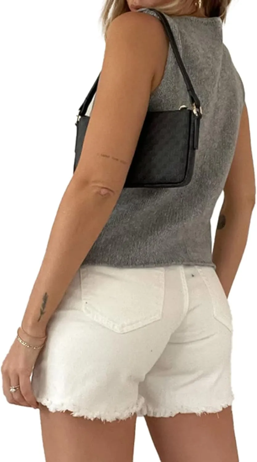 Womens Vintage Knittd Tank Y2k Vest Crop Top Sleeveless V-Neck Open Front Button Crochet Knit Vests Versatile Tops