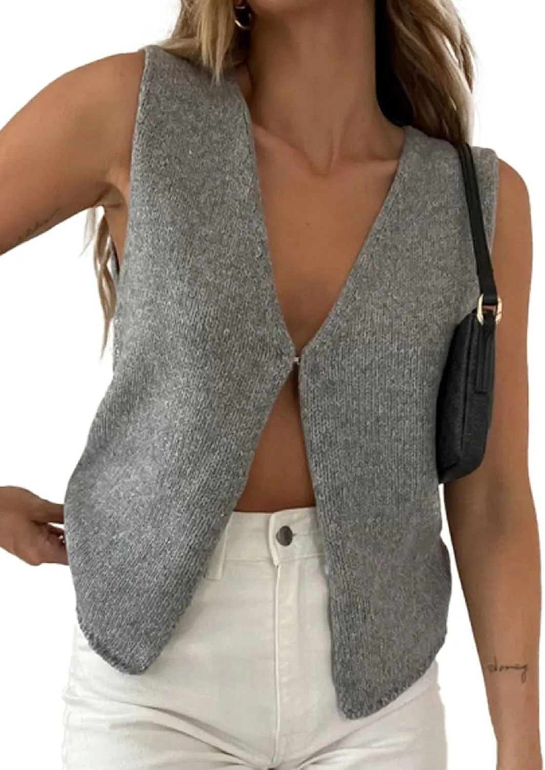 Womens Vintage Knittd Tank Y2k Vest Crop Top Sleeveless V-Neck Open Front Button Crochet Knit Vests Versatile Tops