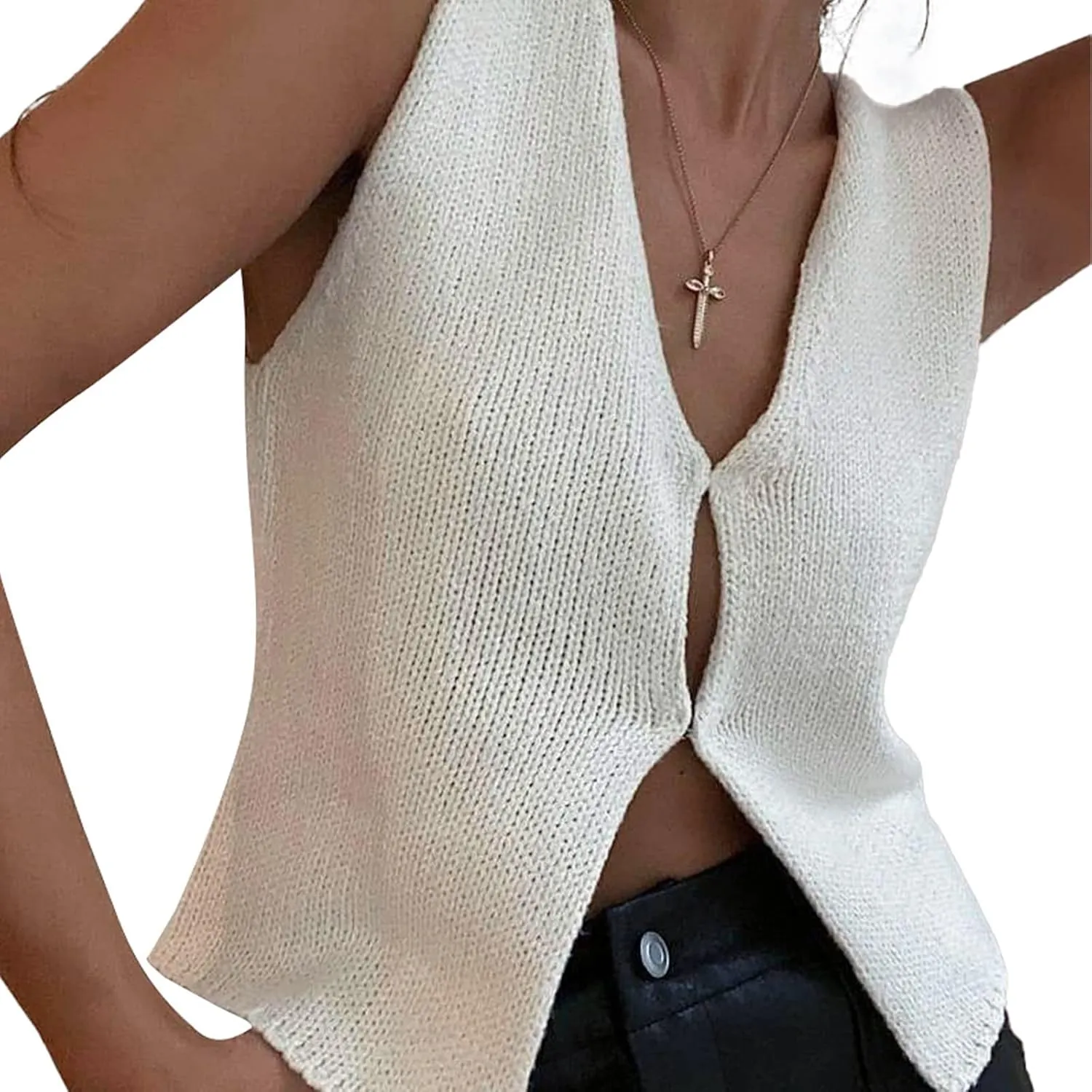 Womens Vintage Knittd Tank Y2k Vest Crop Top Sleeveless V-Neck Open Front Button Crochet Knit Vests Versatile Tops