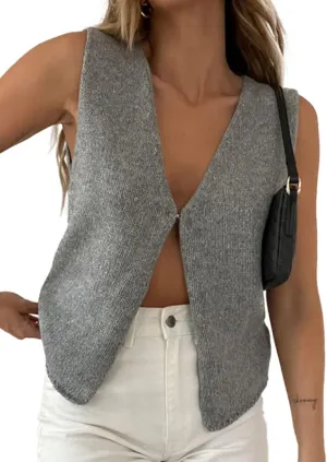 Womens Vintage Knittd Tank Y2k Vest Crop Top Sleeveless V-Neck Open Front Button Crochet Knit Vests Versatile Tops