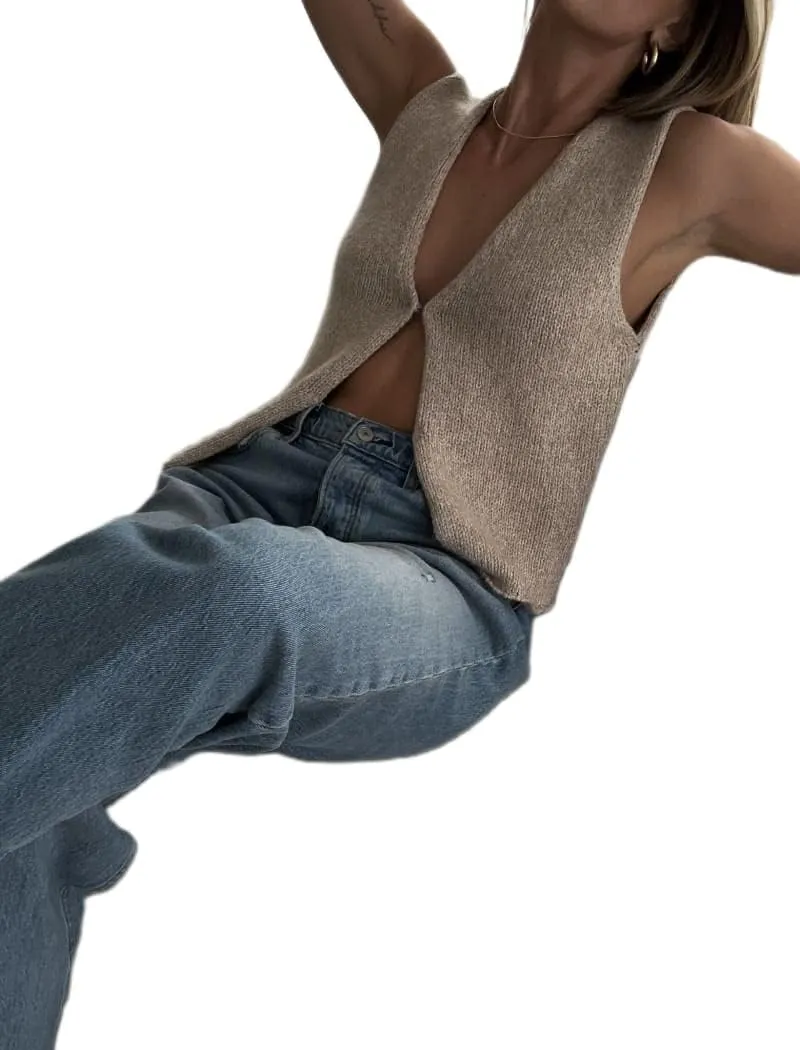 Womens Vintage Knittd Tank Y2k Vest Crop Top Sleeveless V-Neck Open Front Button Crochet Knit Vests Versatile Tops