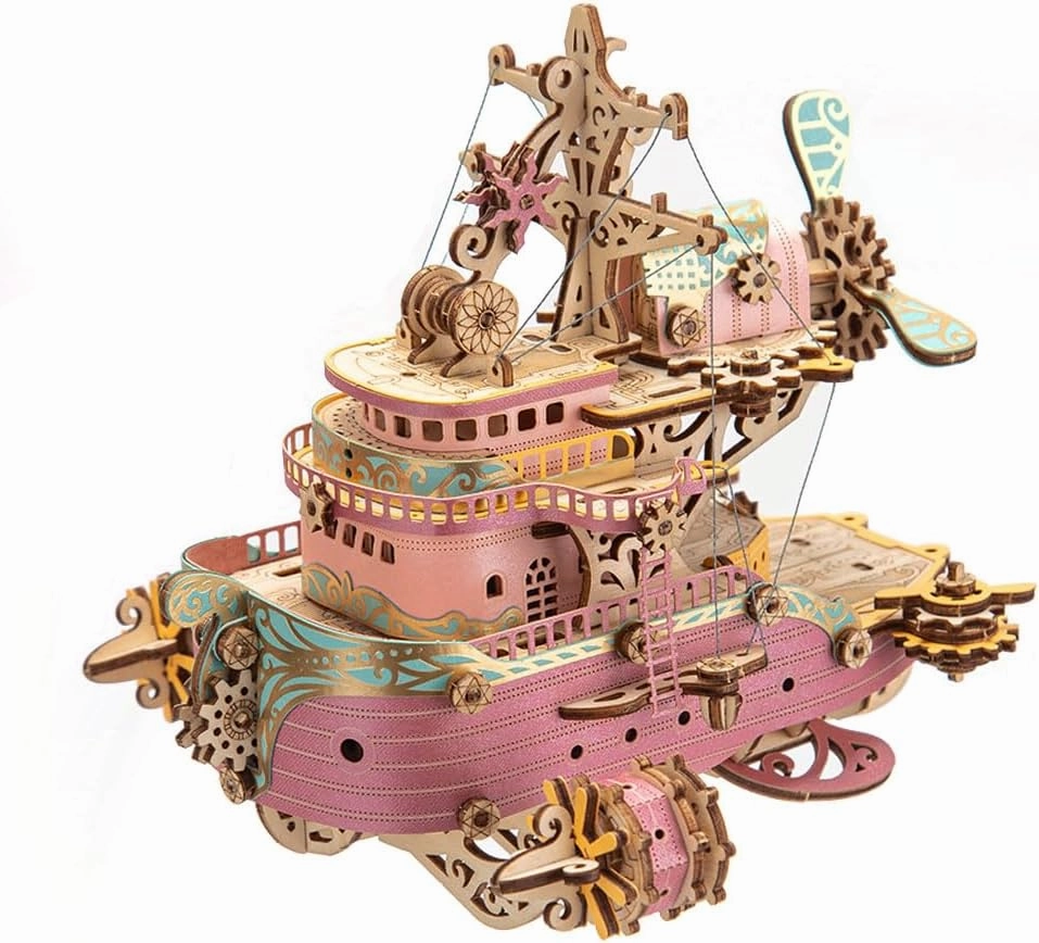 Wooden Sailing Ship, Flyship 3D Puzzle for Adults, Model Building Kit, DIY Craft Toy Christmas/Birthday Gift (Kit Version/Pink)
