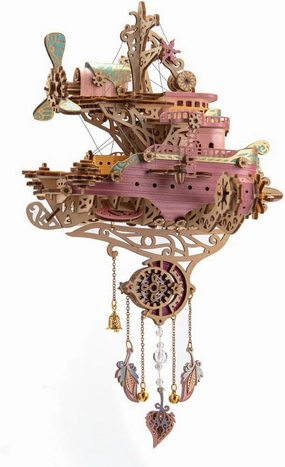 Wooden Sailing Ship, Flyship 3D Puzzle for Adults, Model Building Kit, DIY Craft Toy Christmas/Birthday Gift (Kit Version/Pink)