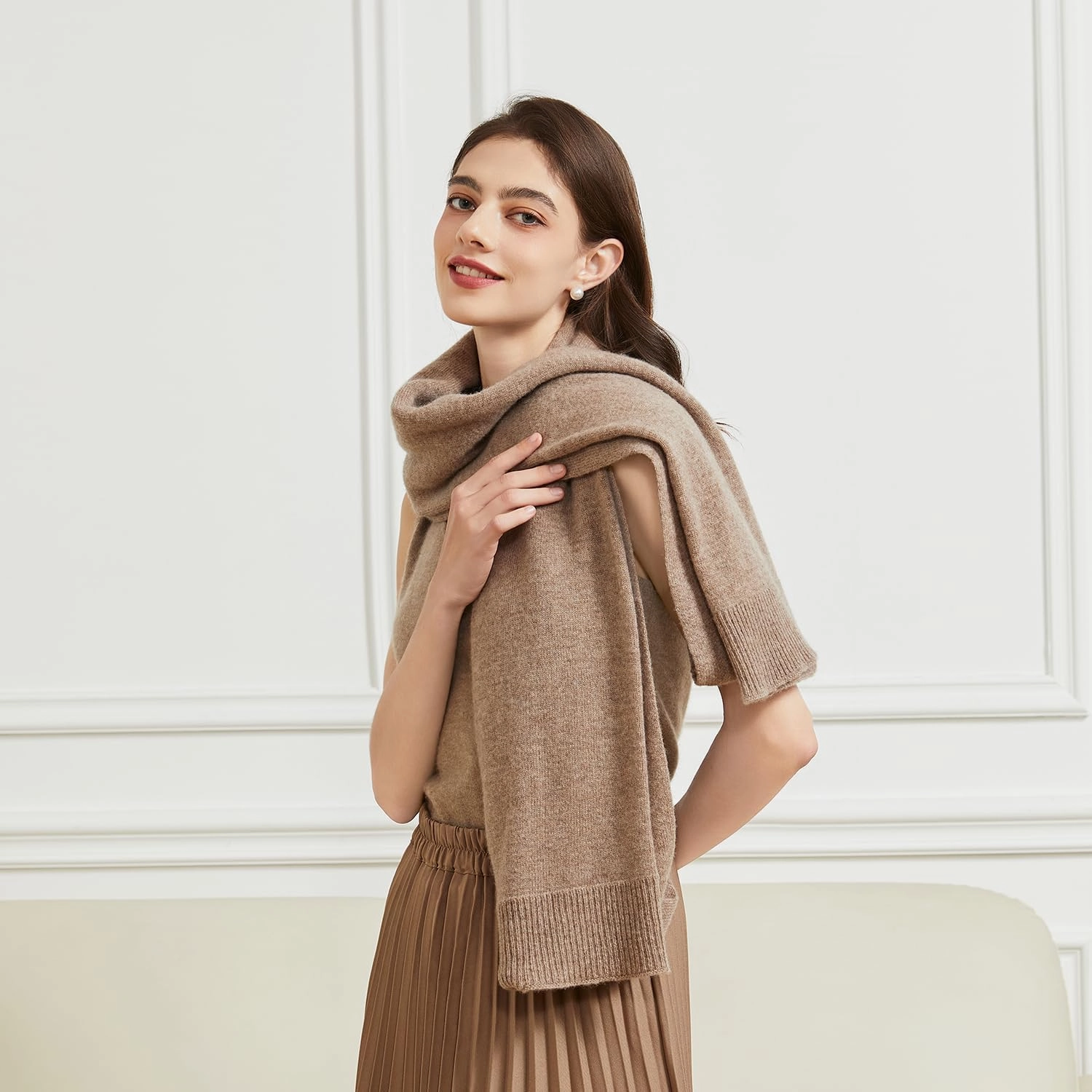 Wool Shawl Wrap Scarf with Sleeves Women's Outer Warm Knitted Open Front Poncho Cape Fall Winter