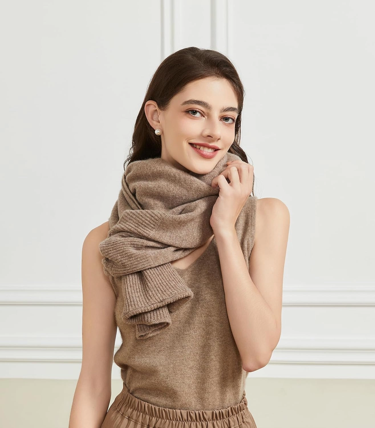 Wool Shawl Wrap Scarf with Sleeves Women's Outer Warm Knitted Open Front Poncho Cape Fall Winter