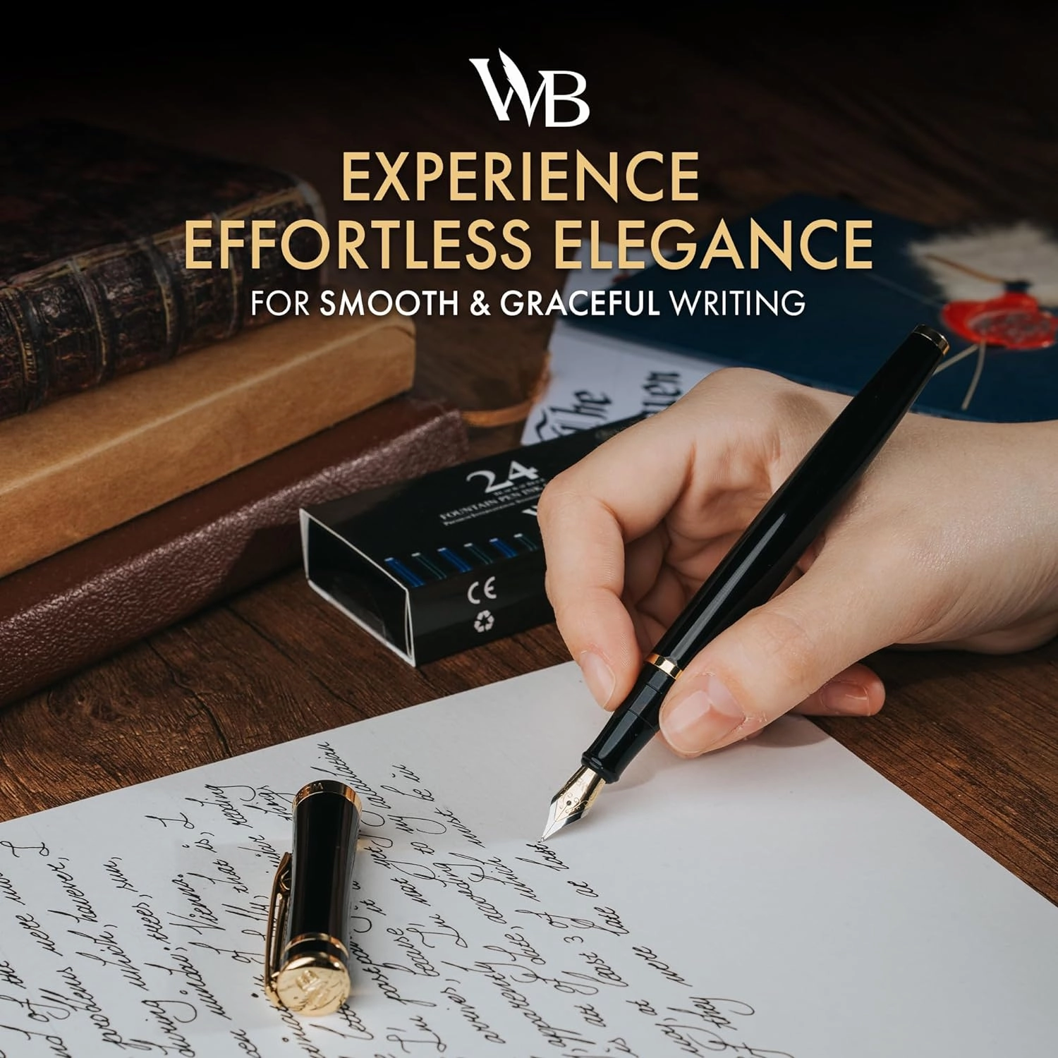 Wordsworth & Black Extra Fine Nib Fountain Pen Set Includes 24 Ink Cartridges and Piston Converter, Gift Box, Journal, Calligraphy, Gold Black