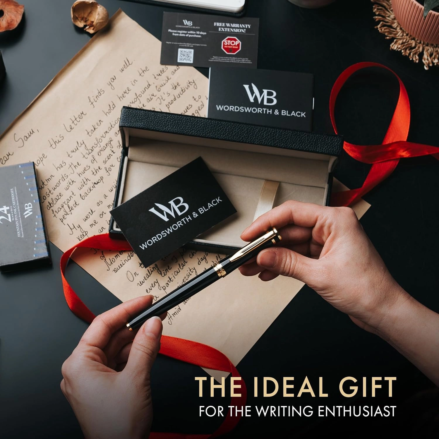 Wordsworth & Black Extra Fine Nib Fountain Pen Set Includes 24 Ink Cartridges and Piston Converter, Gift Box, Journal, Calligraphy, Gold Black