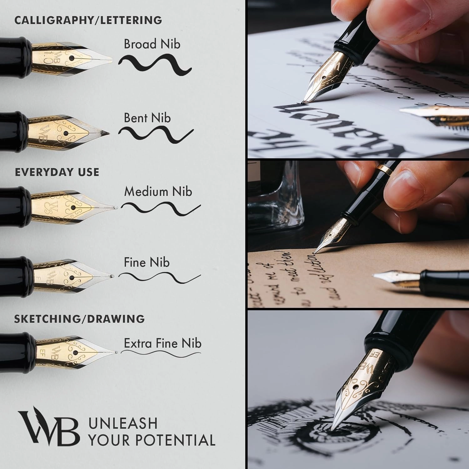Wordsworth & Black Extra Fine Nib Fountain Pen Set Includes 24 Ink Cartridges and Piston Converter, Gift Box, Journal, Calligraphy, Gold Black