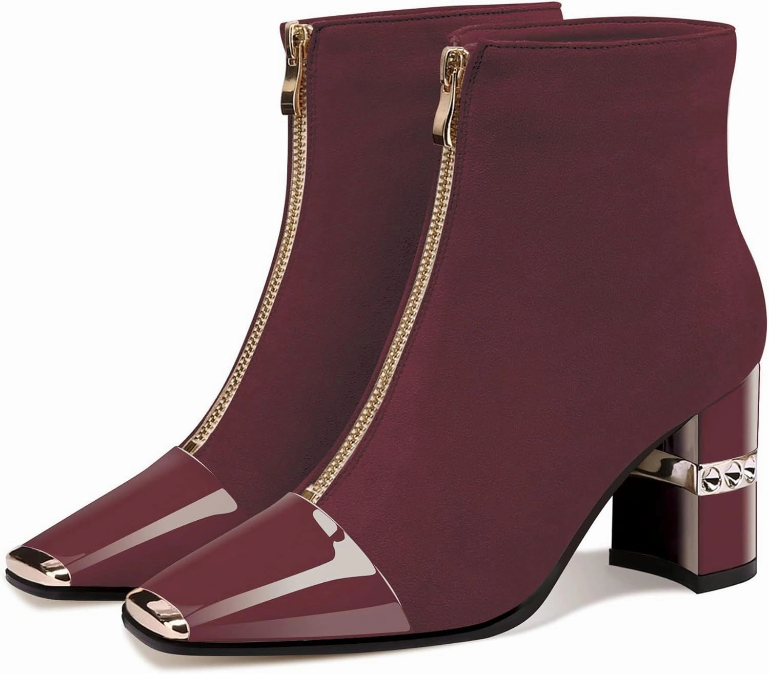 XINIUNIU Women's Ankle Boots Block Chunky Heels Booties Metal Square Toe Suede Front Zipper 3 Inch Short Boot Dress