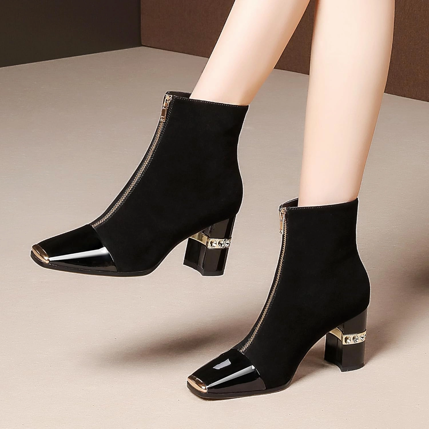 XINIUNIU Women's Ankle Boots Block Chunky Heels Booties Metal Square Toe Suede Front Zipper 3 Inch Short Boot Dress