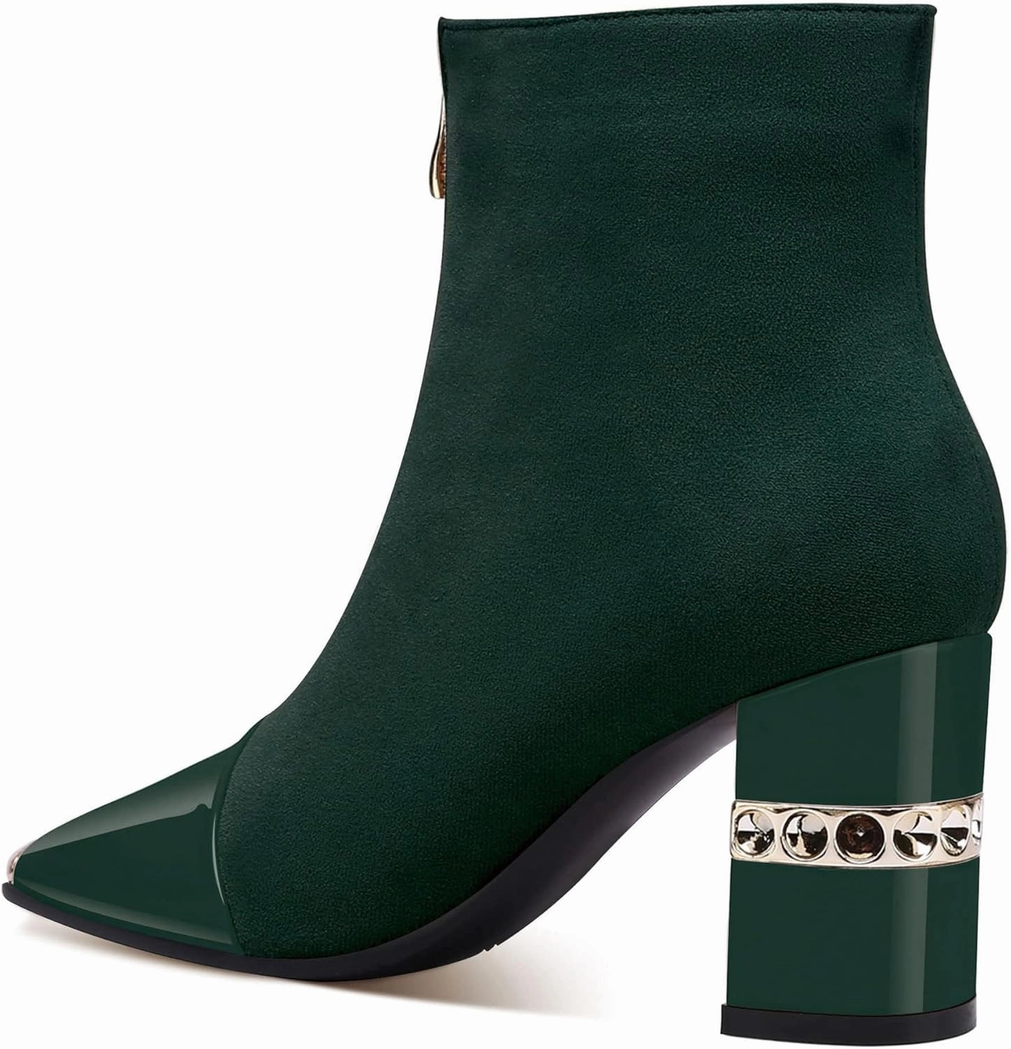 XINIUNIU Women's Ankle Boots Block Chunky Heels Booties Metal Square Toe Suede Front Zipper 3 Inch Short Boot Dress