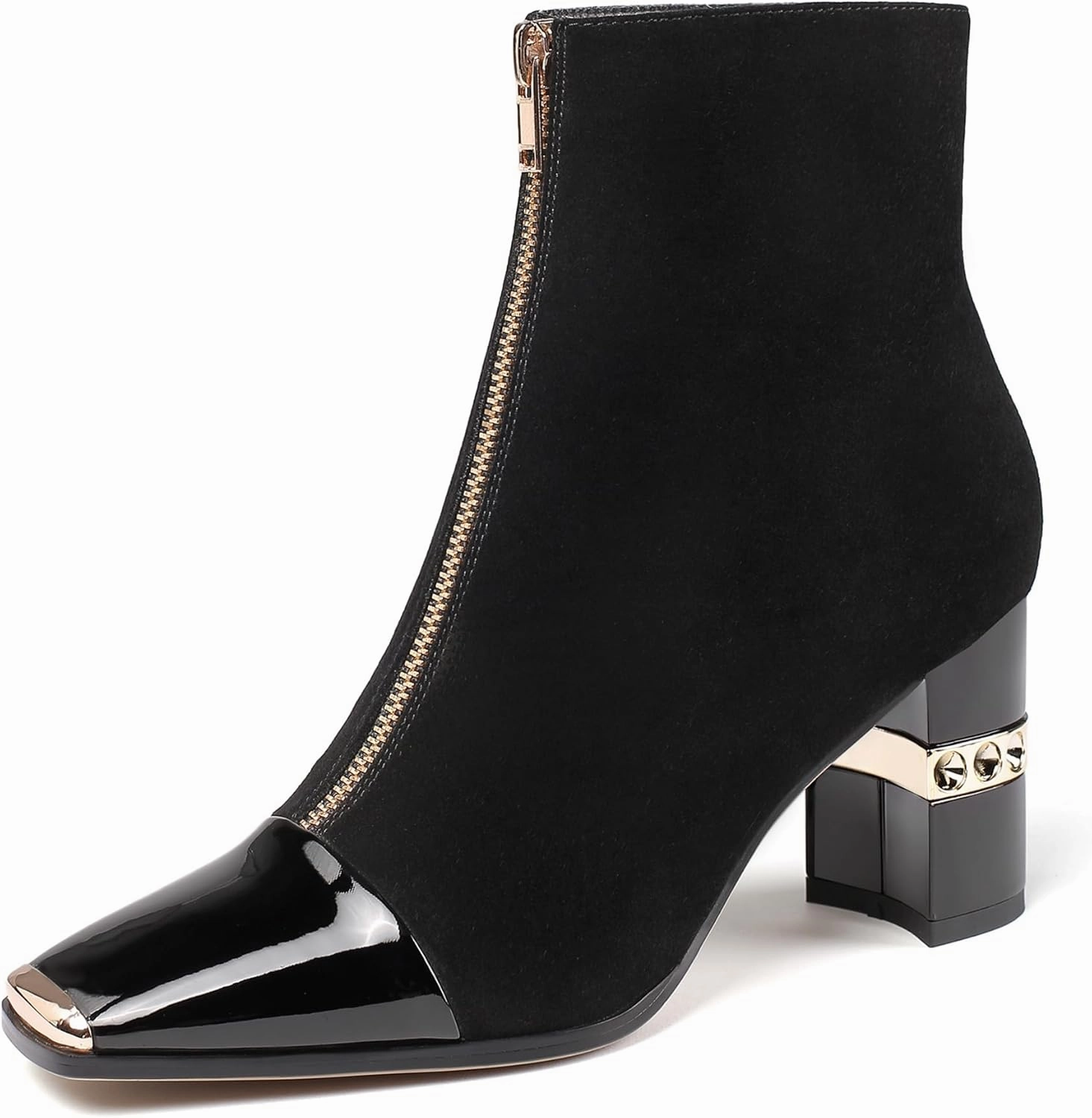XINIUNIU Women's Ankle Boots Block Chunky Heels Booties Metal Square Toe Suede Front Zipper 3 Inch Short Boot Dress